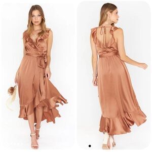 Show Me Your Mumu Samantha Wrap Ruffle Dress Satin Champagne 1X